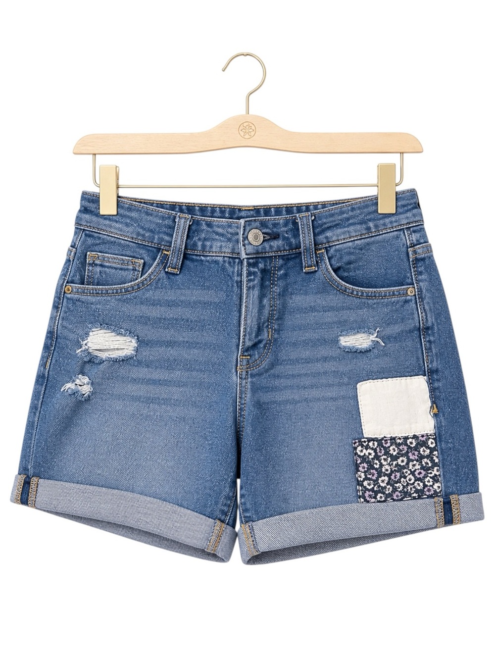 Junior Denim Patchwork Distressed Shorts Cuffed Mid Rise Size 3 Summer Casual